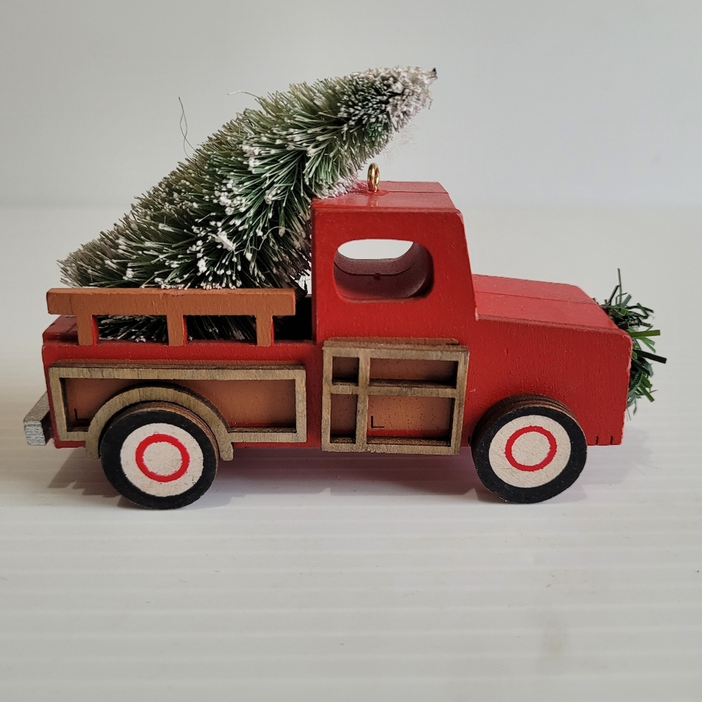 Pickup Truck Christmas Tree, Ornament embossed detail Wood 4.25”x 2.5”x 1.75".